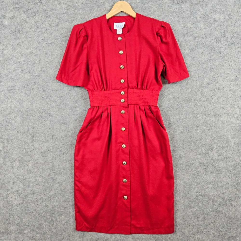 Peri Petites Vintage Red Midi Dress Size 6 Gold Button Front Pockets Made in USA